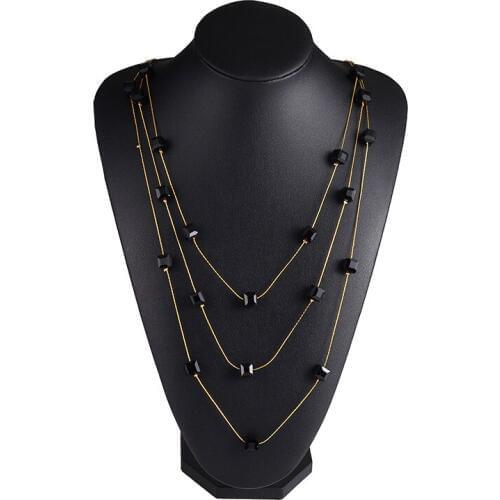 Fashion Womens Simple Chain Double Layer Necklace Crystal Water Cube Pendant Necklace Long Sweater Chain Clothes Accessories