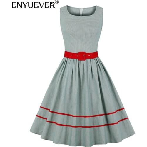 Enyuever Elegant Red Green Striped Casual Dress Summer Cotton Sleeveless Pocket Robe Pin Up Retro Party Vintage Women Dresses