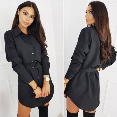 Womens Bodycon Slim Fit Shirt Dress Solid Color Long Sleeve Lapel Button Closure Blouse Office Lady Casual High Waist Shirt