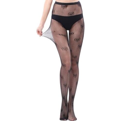 066C Women High Waisted Fishnet Mesh Stretch Pantyhose Gothic Punk Skull Heart Print Tights Patterned Black Hosiery Stockings
