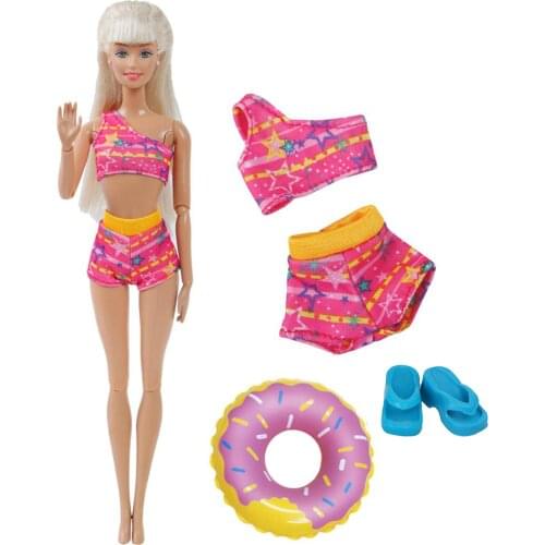 1 Set Swimming Accessories Handmade Doll Swimsuit Bikini Dress + Random Swim Ring + 1x Slippers Clothes for Barbie Doll Kids Toy