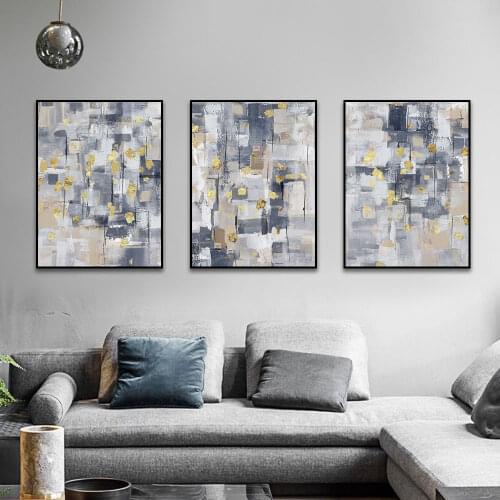 3 Panel Abstract Gemoetric Gray With Gold Painting On Canvas Modern Nordic Prints And Posters Wall Art For Living Room Decor