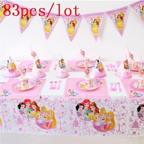 83Pcs Disney Six Princess Theme Cup+Plate+Napkin Tablecloth Kid Girl Birthday Party Gift Bag Horn Banner Straw Decoration Supply