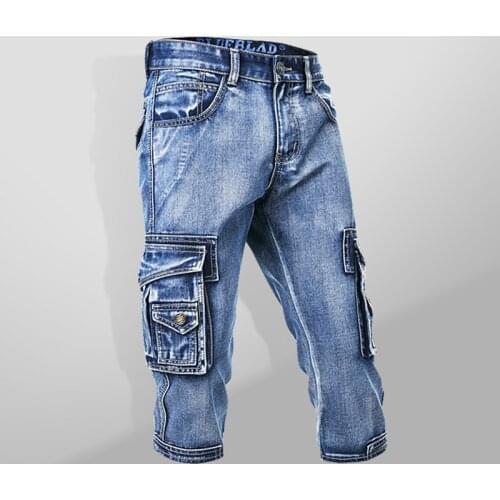 Casual Summer Mens Cargo Washed Slim Denim Seven point cowboy Shorts Military Multi Pockets Biker Short Jeans for Male