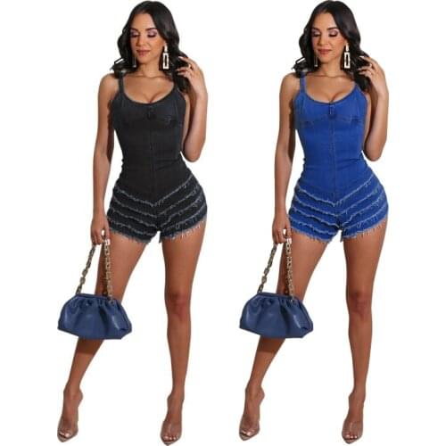 Summer New Style Womens Sexy Fashion Sling Laminated Zipper One-Piece Jeans