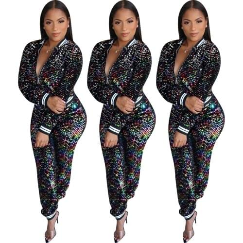 FNOCE 2020 winter new womnens sets fashion trends eye catching sequined long sleeve zipper coats tight slim pants 2-pc suits