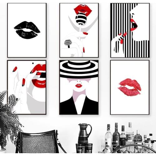 Fashion Girl Silhouette Sexy Red Lips Wall Art Canvas Painting Nordic Posters And Prints Wall Pictures For Living Room Decor