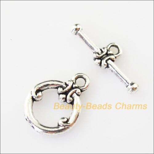 Fashion 15Sets Tibetan Silver Flower Round Circle Bracelet Toggle Clasps Connectors