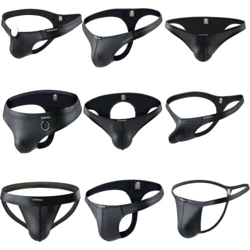 Faux Leather Mens Briefs Sexy Underwear Penis Pouch PU Hollow Open Butt Backless Jockstrap Erotic Underpants Panties Stage Wear