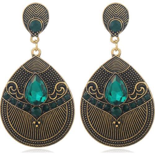 2020 New Vintage Bohemia Bronze Plated Big Green Stone Drop Earrings For Women Antique Exaggerated Earring Ethnic Jewelry Gift