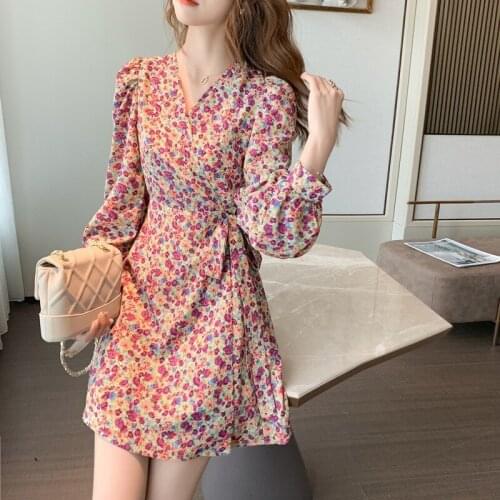 Floral Dress Womens Spring and Autumn Fashion V-neck Printed Mini Skirt Girly Long Sleeve Casual Dress