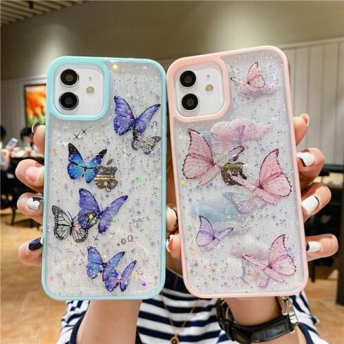 Clear Glitter Butterflies Case For iPhone 11 12 Pro Max 12 Mini 7 8 Plus X XR XS Max SE 2020 Soft Silicone Shockproof Back Cover