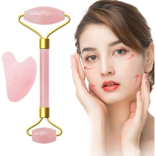Rose Quartz Face Massage Roller Natural Jade Roller And Guasha Scraper For Face Massager Eye Neck Thin Lift Relax Slimming Tools