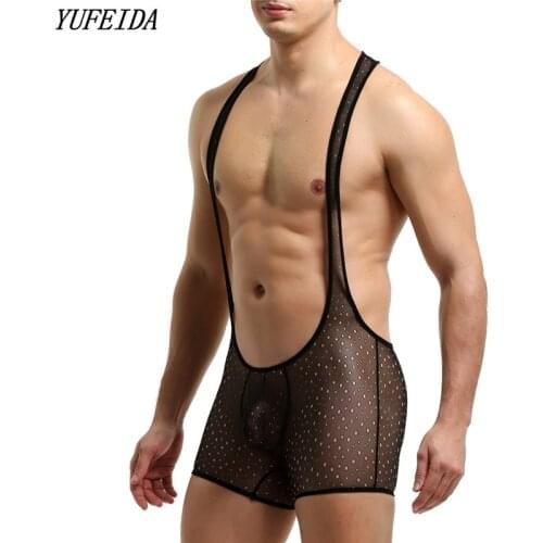 Mens Stretchy Bodysuit Underwear Thin Undershirts See Through Wrestling Singlet Gay Leotard Jumpsuit Boxers Homewear Sexy Hombre