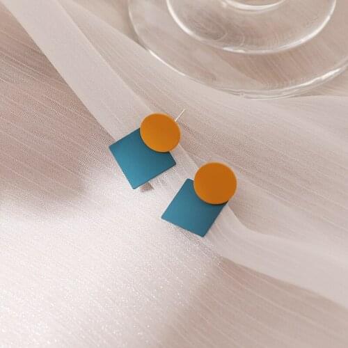 Color Contrast Geometric Earrings Blue Yellow Square Round Stud Earrings for Women Summer Holiday Style Fashion Ear Jewelry