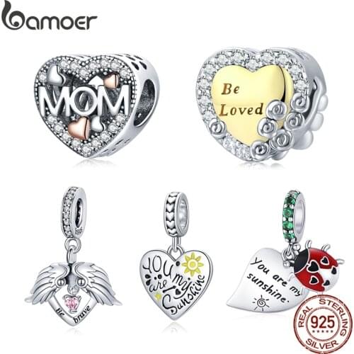 Bamoer 925 Sterling Silver Golden Heart Bead Rose Love Wing Pink Crystal Charm for Original Bracelet Bangle DIY Anniversary