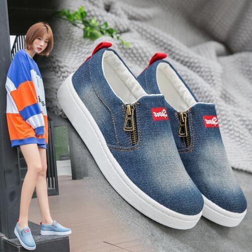 Plus Size Denim Casual Shoes Orange Round Toe Women Flat Sneakers Slip-on Breathable Female Casual Loafers