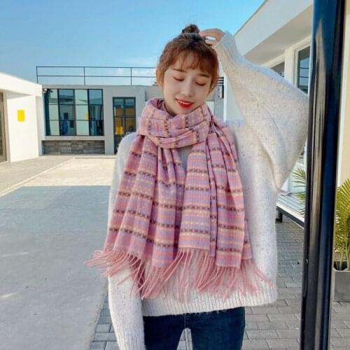 Women Luxury Designer 2020 Winter Thick Soft Warm Wrap Long Colourful Stripe Plaid Scarf Pashmina Cashmere Shawl With Tassel