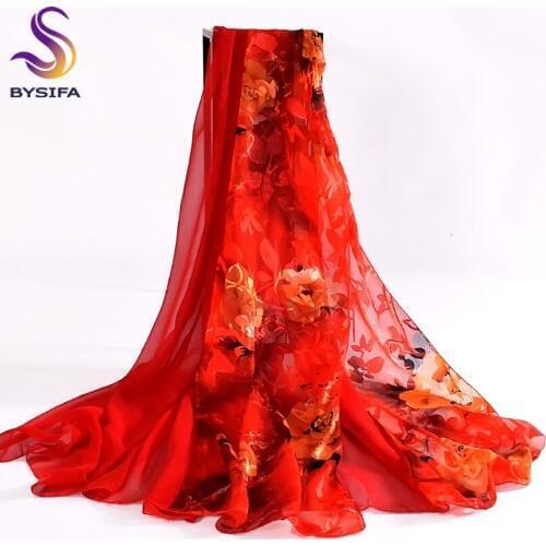 [BYSIFA] Gold Red Women Silk Scarf Cape Fashion Brand Chiffon Long Scarves Wraps Spring Autumn Flower Scarf Shawl 180*80cm