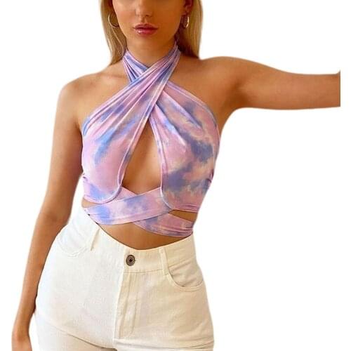 2021 Fashion Sexy Tie-Dye Print Halter Tank Top Women Sleeveless Backless Bandage Crop Top Holiday Casual Camis Tops Streetwear