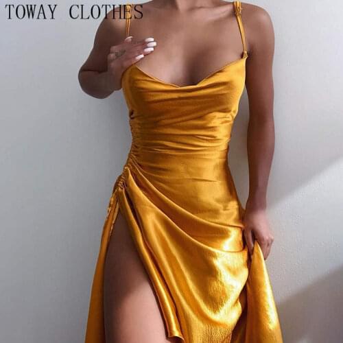 Women Solid Spaghetti Strap Ruched Satin High Slit Drawstring Party Dress