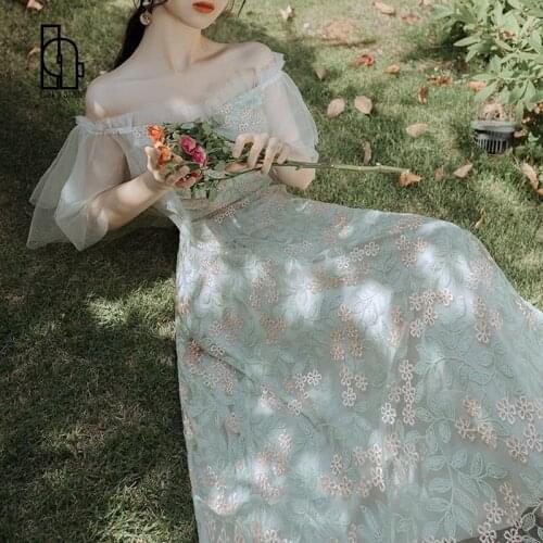 Summer Floral Dress Women Elegant Vintage Retro Embroidery Fairy Dress Casual Slim Fit Embroidered Lace Korean Sweet Dress Women