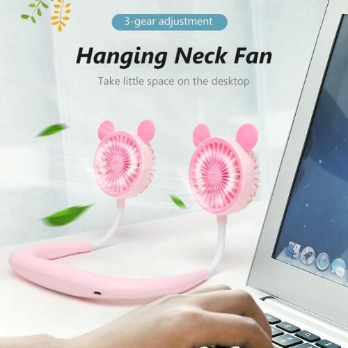 2020 Cartoon Portable USB Rechargeable Wearable Hanging Neck Dual Cooling Mini Fan for Office Household Traveling
