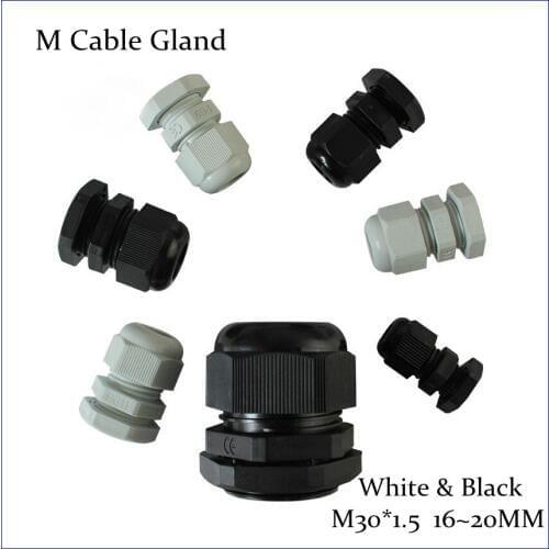 50 pcs/lot M30*1.5 Cable Gland IP68 Waterproof Cable Connector Dia 16mm~20mm Nylon Plastic Wire Glands Free Shipping