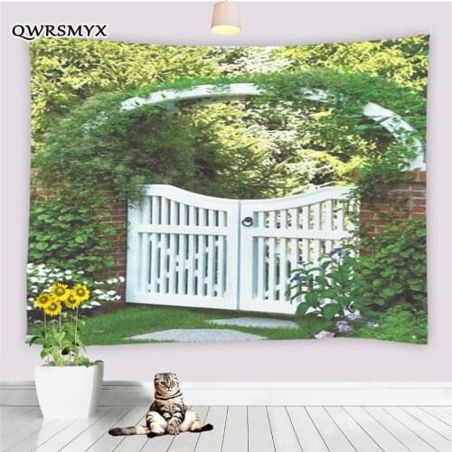 Garden Entrance White Gate Tapestry Wall Hanging Aesthetic Landscape Living Room Bedroom Decor Tapestries Home Art Adornment