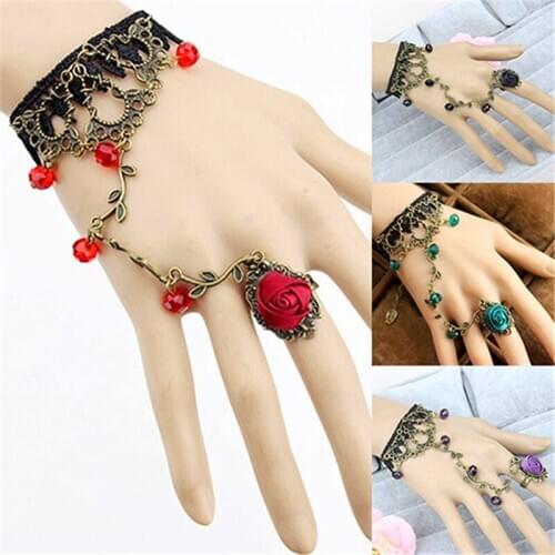 Hot Rose Newest Retro Gothic Women Lace Flower One Size Hand Slave Harness Bracelet Chain Female Personality Jewelry Gift