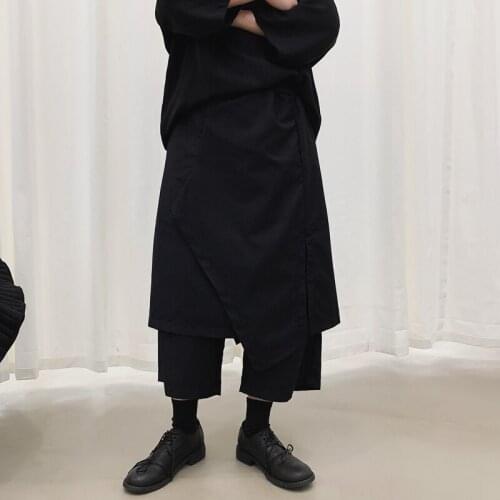 Men elastic waist punk hip hop dance harem pants mens gothic vintage skirt pants fake two piece irregular patchwork joggers