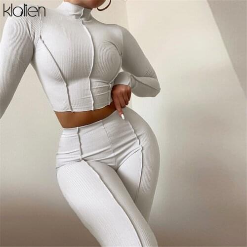 KLALIEN Women Spring Autumn Solid Black White Slim Stretch Rib Knit Long Sleeve Turtleneck Two Piece Set 2021 New Street Fitness