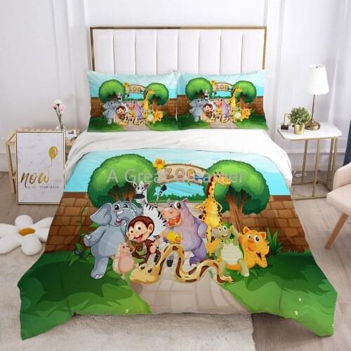 Cartoon Kids Bedding Set Cute Duvet Cover Set Pillowcase Green Zoo Animal Zoo Quilt Cover For Kids Boys Girls Baby Gift Bed Set