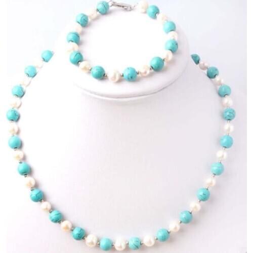 Beautiful 7-8mm White Freshwater Pearl & turquoise Necklace Bracelet Jewel Set