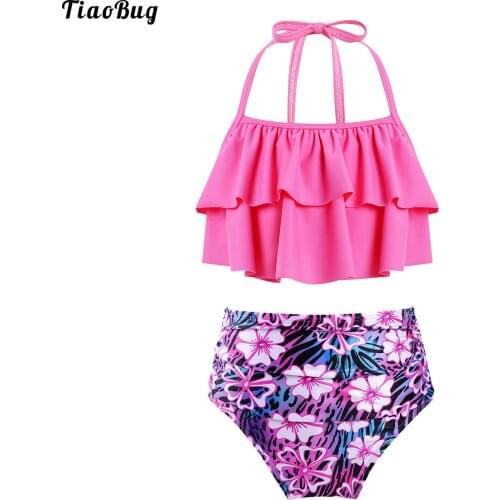TiaoBug Summer 2Pcs Kids Girls Tankini Adjustable Halter Swimwear Swimsuit Bathing Suit Ruffled Tops With Floral Printed Bottoms