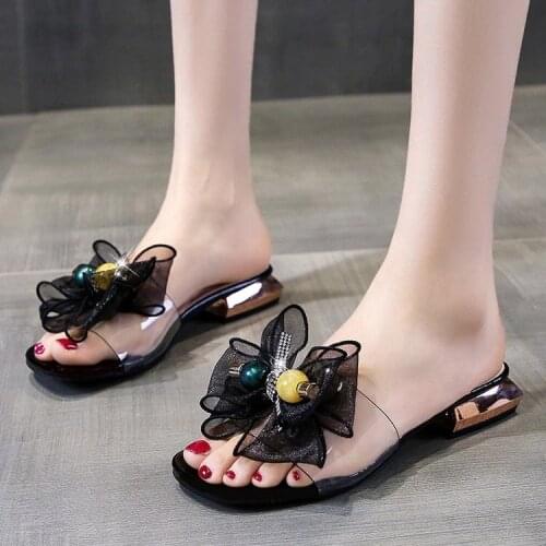 Summer Solid Student Womans Slippers Outside Butterfly-knot Ladies Slides High Heels Sandals Low (1cm-3cm) Beach Casual Shoes