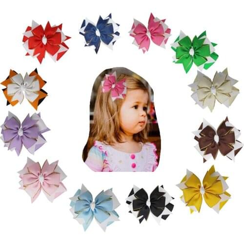 Multilevel new 2pcs/ 4.5inch Gold edge grosgrain ribbon hair bows layered hair clips classic girl school hair bows