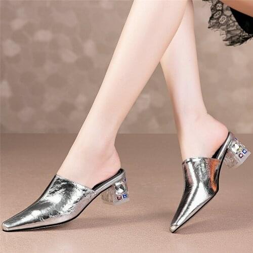 Summer Mules Women Genuine Leather Chunky Heels Outside Slippers Female Square Toe Gladiator Sandals Wedding Pumps Casual Shoes