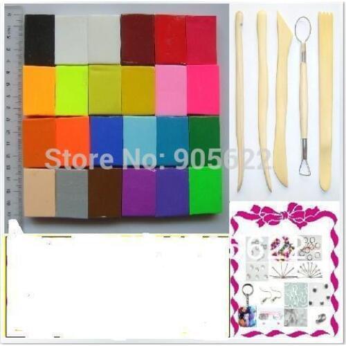 Fe mo effect clay,Polymer clay Set,24pcs of 24 colour clay +Wooden tools+DIY accessory,size 4*3*1cm 20g/pc,total 528g