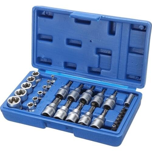 29PC Torx Socket Bit Set 1/4 3/8 1/2 Star Male Female Sockets Wrench Adapter Machine Motor Car Household Repair Hand Tool