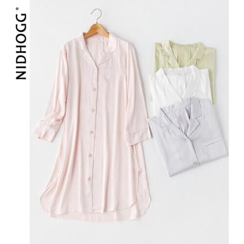 2020 Summer Autumn Nightgowns for Women Long-sleeved Satin Sleepwear Pocket Sleep Dress Solid Viscose Sleep Tops Home Night Wear