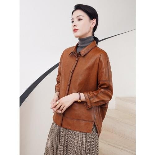 2020 new spring and autumn leather jacket with long womens sheepskin locomotive slim leather jacket coat size