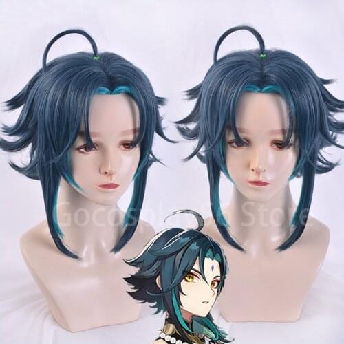 Genshin Impact Xiao Wig Cosplay Mixed Dark Blue Short Middle Part Heat Resistant Hair Adult Halloween Role Play