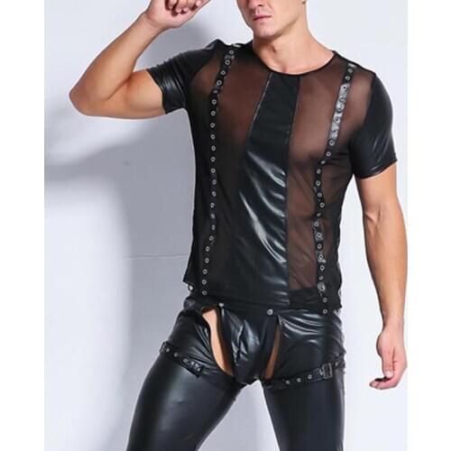 Sexy Men Black Faux Leather Lingerie Top Erotic Gay Wet Look Front Mesh See Through Sexy Mens Nightclub Latex Catsuit Tops Shirt