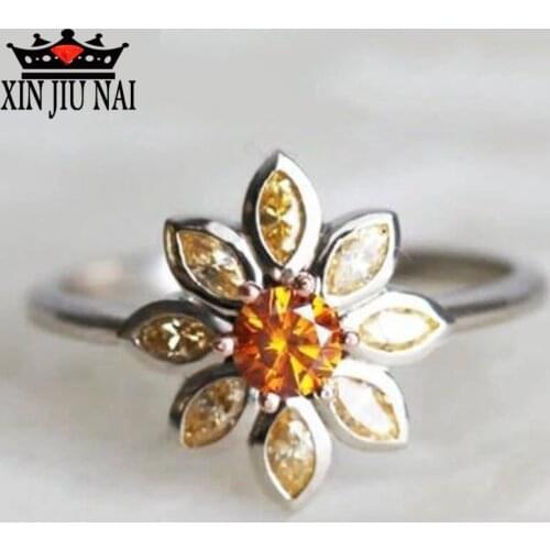 Silver 925 Cute Daisy Flower Yellow Zirocn Stone Silver Rings for Women Fashion Wedding Champagne gemstone Jewelry Best Gift