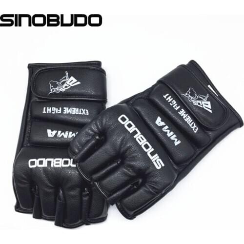 SINOBUDO Kick Boxing Protector MMA Gloves Muay Thai Training Gloves MMA Boxer Fight Boxing Equipment Half Mitts PU Leather Black