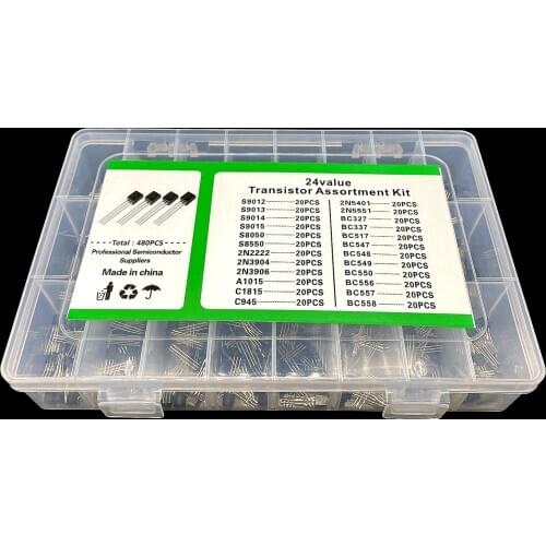 To-92 Transistor Kit 24valuesx20pc=480pcs (2N3904 3906 2222 5401 5551 S9012/13/14/15 A1015 C1815/945 BC558/557/556/550/327/337
