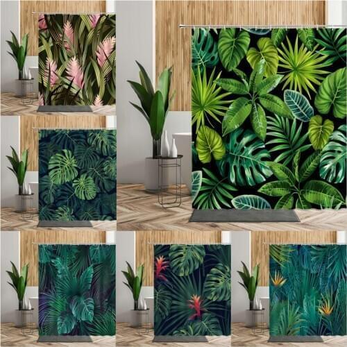 African Tropical Plant Shower Curtain Palm Leaf Monstera Bathroom Bath Decor Backdrop Hanging Fabric Waterproof Printed Curtains
