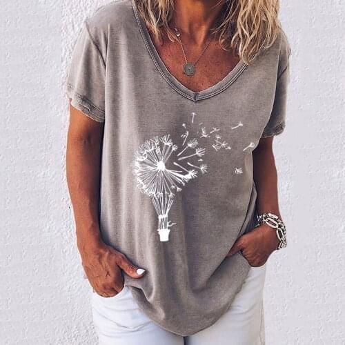 Short Sleeve Dandelion Print T-shirts Office Lady Fashion Floral V-neck Cotton Pullover Tees Tops Oversize 2021 Women Summer