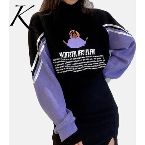 KE womens clothing 2021 autumn and winter new contrast color loose letter printing long-sleeved umbilical sweater women